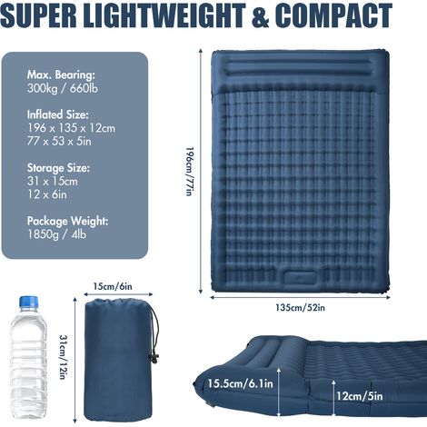 Matelas gonflable double matelas extra épais de 12,7 cm avec pompe intégrée pour camping, randonnée, tente de voyage (1/5)