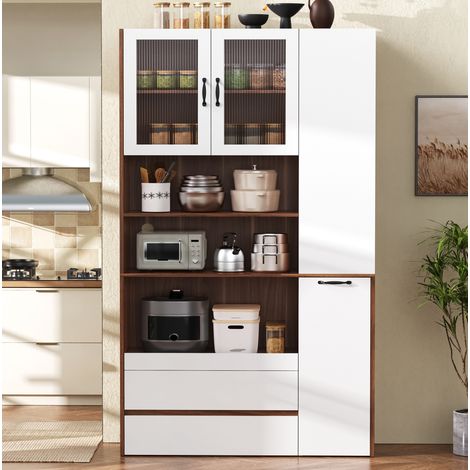 Credenza alta 100 x 40 x 200 cm con ripiano scorrevole, vetro rigato, bianco e noce DESVIAE (1/5)