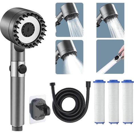 Duschkopf Wassersparend mit 1 Filter und 1.5m Schlauch, Sparduschkopf, Handbrause Dusche mit 4 Modi und Schalter, Multifunktionaler Verstellbarer Duschbrause Hochdruck mit Massagekopf für Badezimmer