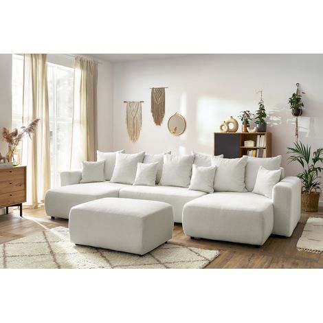 BOBOCHIC - Canapé panoramique convertible coffre ENVY tissu bouclette avec pouf rectangulaire Blanc (1/5)