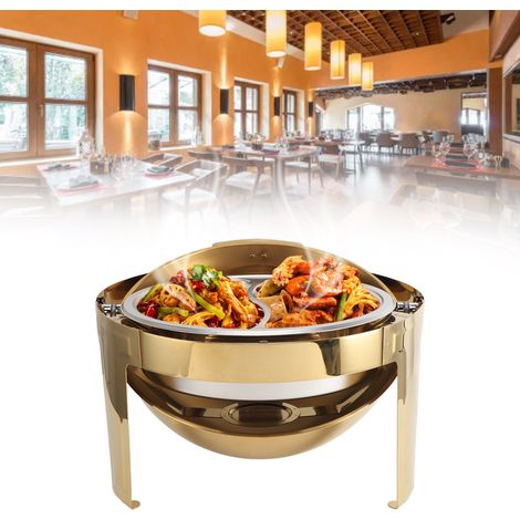 6-Liter-Buffetwärmer mit geraden Beinen, sichtbar, mit Alkoholheizung, runder, sichtbarer Buffetwärmer mit klappbarem Edelstahldeckel für Hotelrestaurants, mit zwei Speisentabletts. (1/5)
