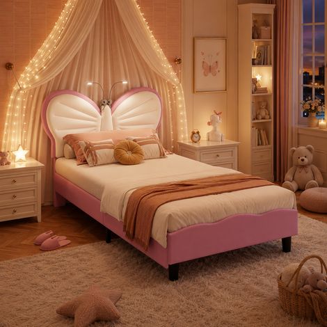 Lit Enfant 90x190, Lit Simple avec LED et Lampe de Lecture, Tête de Lit Papillon et Réglable, Lit Fille Sommier Lattes,Velours Rose (1/5)