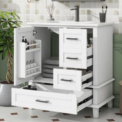 Waschtischunterschrank 76x46x83,5 cm aus MDF in Weiß mit Keramikwaschbecken – MEUBLIV (1/5)