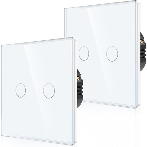 Lot de 2 interrupteurs tactiles va-et-vient encastrés en blanc - Double interrupteur d'éclairage avec LED d'état et panneau en verre - Interrupteur mural à 2 voies - Paire uniquement avec (1/5)