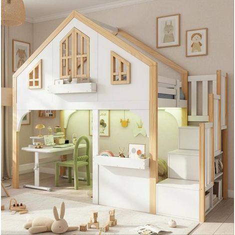 Hausbett 90x200 cm Weiß aus Kiefernholz mit Stauraumtreppe, LED-Licht und Fensterdesign (1/5)
