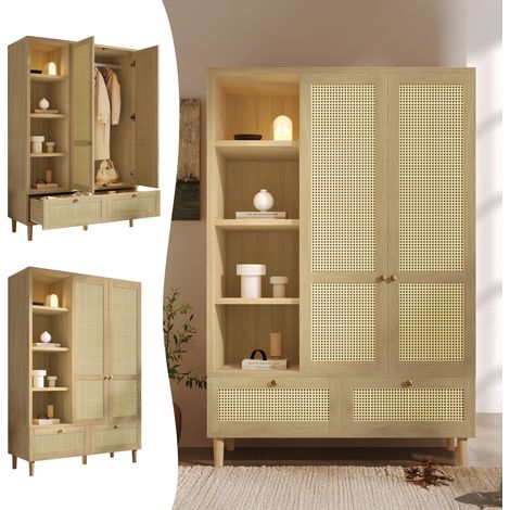 Armoire de Chambre en Bois Massif avec Tiroirs et Penderie, Garde-penderie style , 2 Portes et 2 Tiroirs, 180x120x50 cm effet chêne