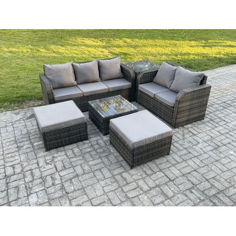 Fimous 7-Sitzer Hoher Rücken Polyrattan Gartenmöbel Set mit Quadratischer Couchtisch 2 hohen Hockern Beistelltisch Garten Lounge Set Dunkelgrau Gemischt