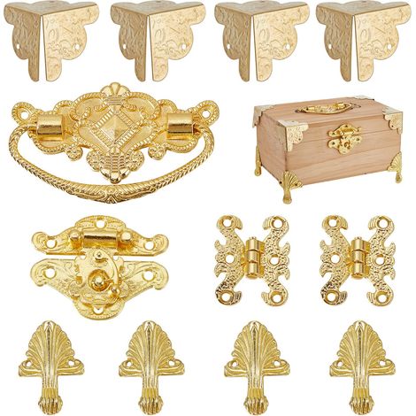 Loquet à Charnière pour Boîte à Bijoux en Or Kit de Protections d'angle pour Boîte à Loquet et Poignée Loquet Gravé Charnières Quincaillerie Accessoires (1/5)