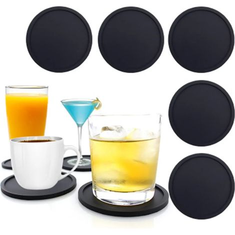 Posavasos de vidrio de silicona , posavasos antideslizantes, juego de 8 - redondo, tamaño vaso de pinta, tazas de café, tazas de té y botellas - fiesta, hogar, oficina y más - negro (1/5)