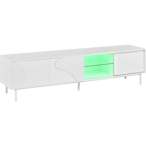 Mueble TV blanco con 3 puertas correderas, MDF, estante de vidrio y iluminación LED por app (1/5)
