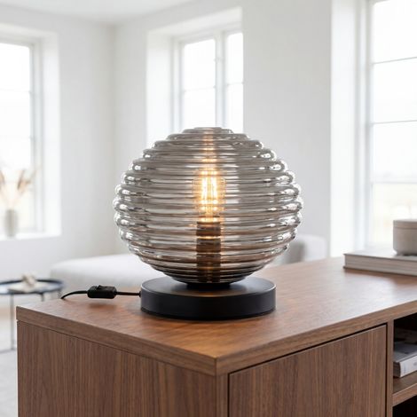 Tischlampe Rauchglas Metall B: 32 cm rund Schwarz Grau E27 Tischleuchte