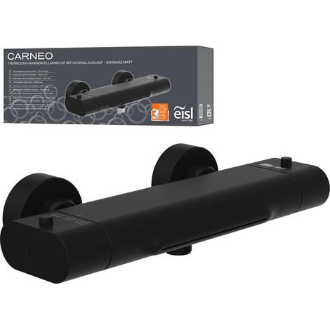 Robinet de baignoire avec réglage thermostatique en noir mat, bec cascade, verrouillage de sécurité à 38 °C, mitigeur pour baignoire, noir mat (1/5)