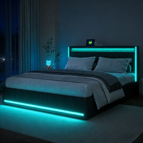 Lit double adulte 140x190 cm avec 4 tiroirs, rangement, éclairage LED, tête de lit avec ports USB et Type-C, revêtement en lin gris foncé