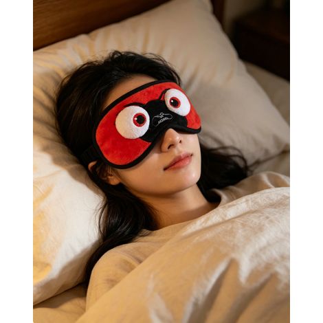 Masque occultant forme monstre rouge noir en peluche, confortable pour sommeil et voyage, cadeau amusant (1/2)