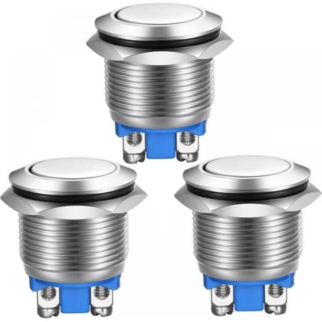 3pcs Bouton Poussoir Momentané Bornes à vis en Acier Inoxydable Bouton étanche à l'eau 19mm 2A 12V/24V/125V/250V(Tête Plate) (1/4)