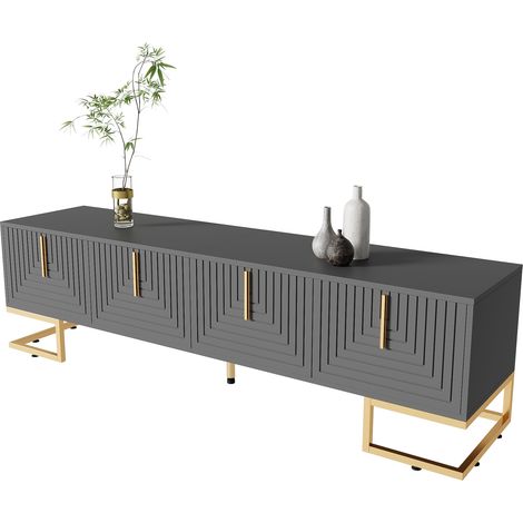 Meuble TV, lowboard avec porte texturée, meuble TV avec tiroirs, poignées dorées et pieds dorés. (1/5)