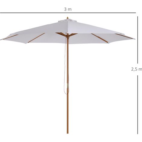Parasol Outsunny Ø 300 cm, parasol avec protection UV, parasol de balcon en bois, parasol de plage robuste, parasol de marché, protection solaire pour la plage, la terrasse et le jardin, blanc (1/5)