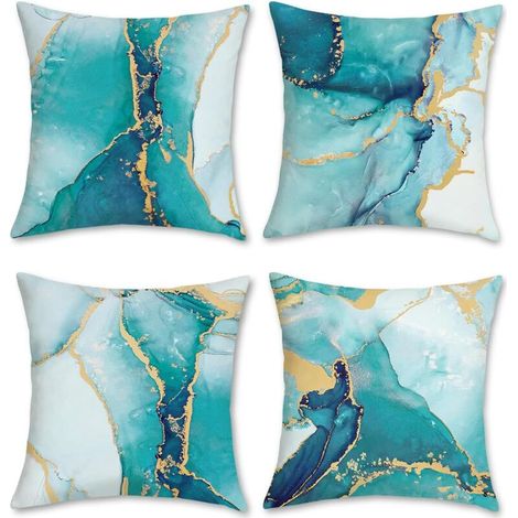 Lot de 4 housses de coussin décoratives modernes en velours doux, motif marbre turquoise, 45 x 45 cm, motif abstrait doré et bleu sarcelle, 45 x 45 cm (1/5)