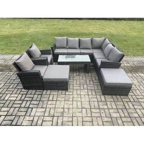 Fimous Rattan Corner Sofa Garden Furniture Set with 2 Big Footstool Rectangular Coffee Table 2 Armchairs with Cushion Dark Grey Mixed (1/5)