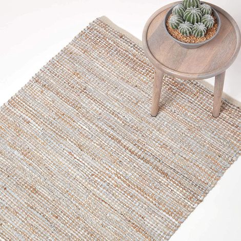 HOMESCAPES Teppich Madras natur – Handgewebter Teppich aus Hanf und Recycling-Leder, 150x240 cm