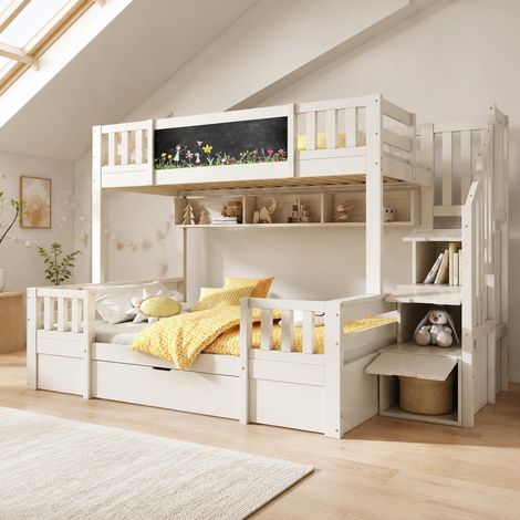 Kinder-Etagenbett 90 x 200 und 140 x 200 cm mit Stauraumtreppe und Maltafel, Weiß (1/5)