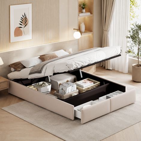 Lit coffre 140×200 cm, 2 tiroirs, lit double, rangement hydraulique, grande capacité,cadre de lit 140×200, sans tête de lit rembourrée,style moderne,lit adulte,lit ados,sommier à lattes,Lin,Beige (1/5)
