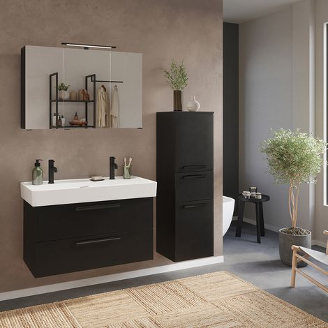 Badmöbel Set 3-teilig Waschtisch für 2 Armaturen, Spiegelschrank und Midischrank, in schwarz - ATELLA-03 (1/5)