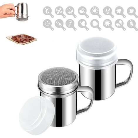 Spargizucchero a velo con setaccio fine, spargicacao (2 pezzi), spargizucchero a velo con 16 stencil per cappuccino, spargipolvere, accessorio da barista, acciaio inox (1/5)