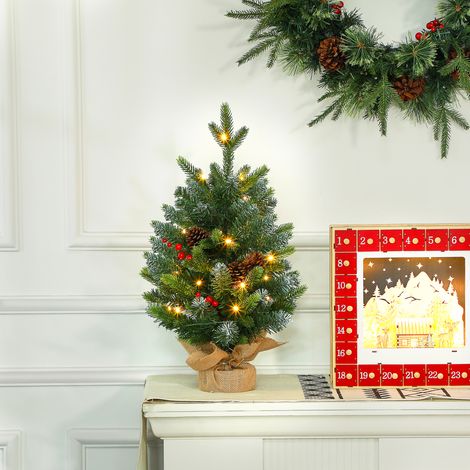 Albero di Natale da 60 cm, albero di Natale da tavolo con luce LED, 141 punte, pigne e bacche rosse, base in cemento. (1/5)