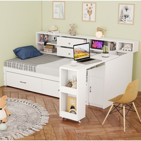 Letto multifunzione 90 x 200 cm con contenitori, scrivania estraibile, prese USB, bianco HAVRYA (1/5)