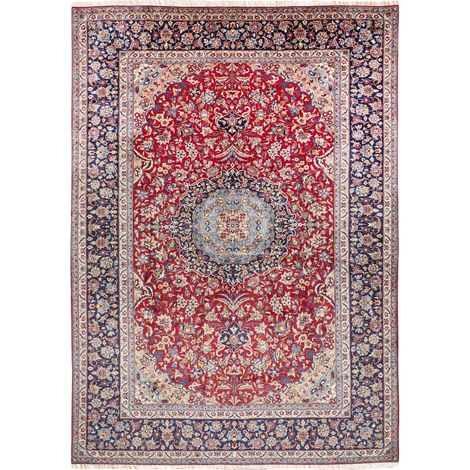 Tapis d'orient, 290 x 420 cm, motif oriental, laine naturelle nouée main, rouge, beige et bleu, authentique (1/5)