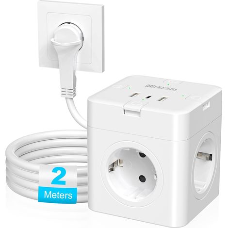 Cube multiprise avec 3 USB, 4 prises plates avec interrupteur individuel, USB C, cube d'alimentation 7 en 1, câble de 2 m, multiprise pour bureau, voyage, blanc (1/5)