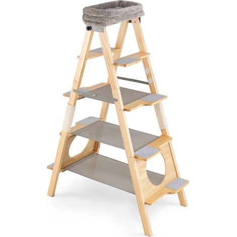 COSTWAY Albero per Gatti Alto 151cm, Tiragraffi per Gatti in Legno con Design a Scala, Cuscino Imbottito e Torretta Superiore, Palo Graffiatrice in Sisal, Mobile Salvaspazio per Gattini (1/5)