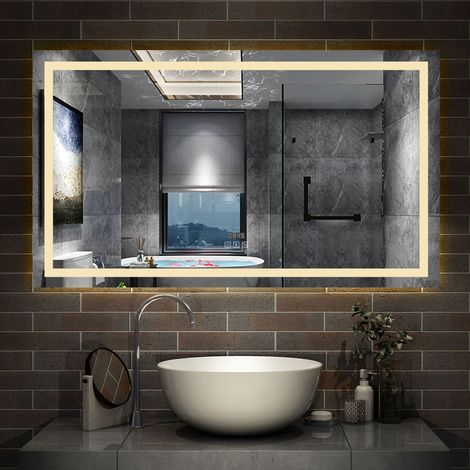 AICA sanitaire Simple Bluetooth LED miroir de salle de bain tricolore tactile avec anti-buée et horloge 120x70cm (1/5)