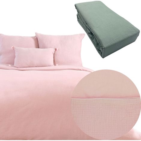 Parure 260x240 gaze de coton ROSE + DH OBIO vert 140x190 à 200 (1/4)