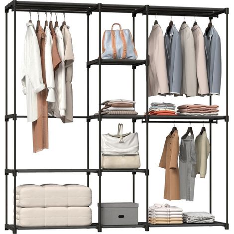 Armoire de rangement, penderie en tissu avec barre de suspension et étagères, 182 x 43 x 185 cm, noir