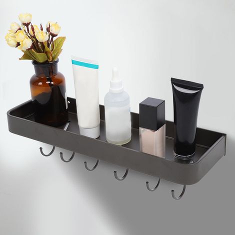 Étagère de salle de bain murale en aluminium perforé gris sidéral, porte-serviettes, support de miroir, 40 cm, 6 crochets (1/5)