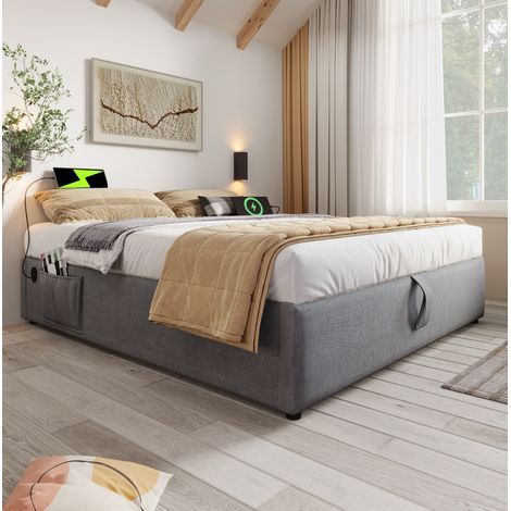 Bett mit Stauraum 140x200 cm, Baumwoll-Leinen in Grau, mit USB/Type-C und Massivholz-Bettboden (1/5)