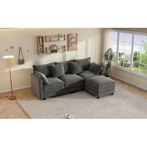 REDOM-Canapé d'angle 3 places 212x150x90 cm, méridienne réversible, 4 coussins, 3 dossiers, chenille grise (1/5)