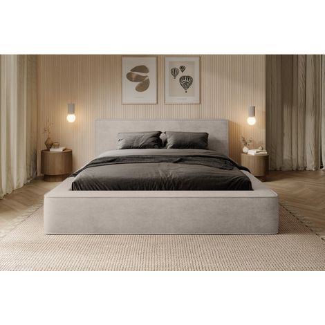 Lit coffre VELORA – Sand – 180x200 cm – Weicher Samtstoff – Hochklappbarer Lattenrost – Integrierter Stauraum