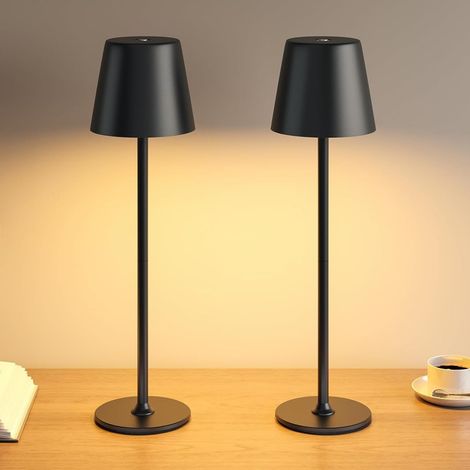 Juego de 2 lámparas de mesa inalámbricas de metal, para interior y exterior Lámpara de mesilla recargable, lámpara de escritorio táctil, decoración del hogar, luz cálida, 3 niveles, cuerpo de metal (1/5)