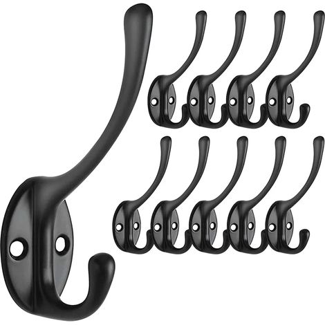 10 ganchos para abrigos, ganchos de cuello de cisne, ganchos dobles de pared, perchas de metal con 20 tornillos para armario, baño y cocina (negro)