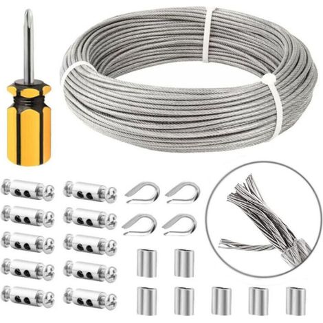 3 mm Edelstahlseil, 50 m/3 mm Edelstahlseil, beschichtetes Stahlseil mit Kabelklemmen, M3-Hülsen, Edelstahlösen, 3 mm Metallseil für Wäscheleinen, Geländerseil (1/4)
