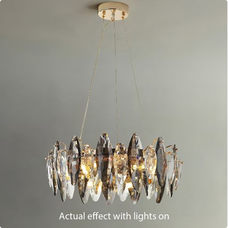 Moderne Kristall Haengeleuchte Gold 40 cm runde Pendelleuchte mit E14 x5 und Glas Kristallen hoehenverstellbar elegante Deckenlampe fuer Wohnzimmer