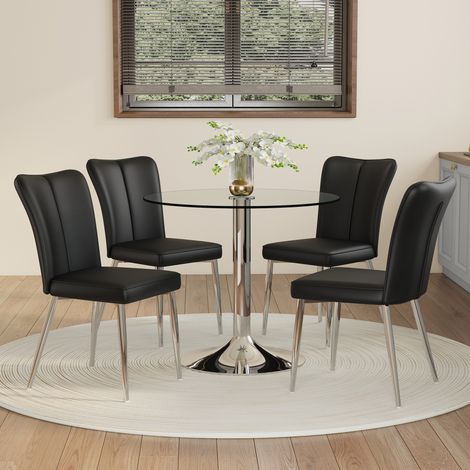 DESMIU Table de salle à manger ronde avec 4 chaises, plateau en verre, structure en métal, pour salle à manger, noir, 85 cm (1/5)