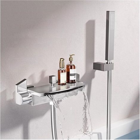 Wandmontierte Badewannenarmatur mit Handbrause, Messing-Wasserfallmischer, Warm- und Kaltwasser einstellbar, 2 Funktionen – Poliertes Silber