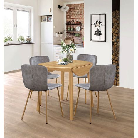Hallowood Furniture Ledbury Round Oak Dining Table and Chairs Set 4, Small Drop Leaf Table and Chairs in Taupe Faux Leather Upholstery, Folding Leaf Design for Modern Dining Spaces (1/5)