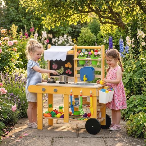 Cuisine enfant en bois avec roulettes, cuisine enfant exterieur avec eau courante, évier, plaque de cuisson, jaune