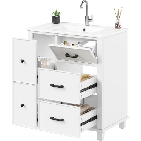 CHICFURN Mueble de baño con lavabo cerámico integrado, 76,5 x 47 x 83,5 cm, blanco, con 4 cajones y 1 abatible, diseño clásico de marco y tiradores negros (1/5)