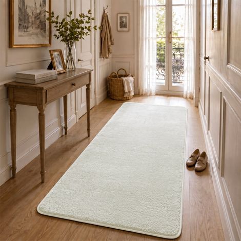 Tapis de salon poils ras doux antiderapant 80x200cm uni crème